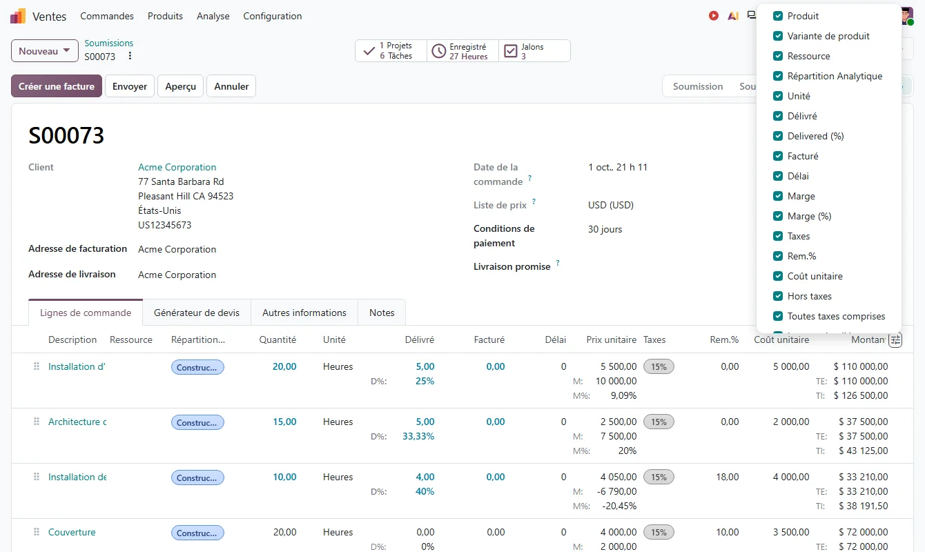 Odoo : devis dont les lignes affichent seize colonnes (répartition analytique, marge, coût unitaire, taxes, livré, facturé…), le nom du produit coupé, et le menu de choix des colonnes ouvert