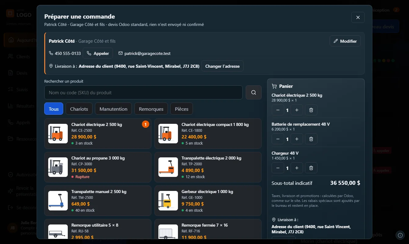 Votre application : préparer une commande, client en haut, catalogue en tuiles avec prix et stock, panier et sous-total à droite